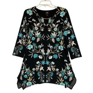 JM Collection Keyhole Tunic Blouse, 3/4 Sleeves, Black w/Floral Print, Size S
